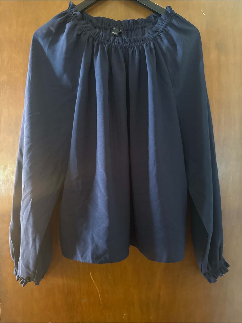 Taylor Navy A-Line Gathered long sleeve blouse